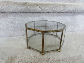 Vintage 8 Sided Octogan Brass Glass Display Case Jewelry Box W/ Ball Feet 7 "