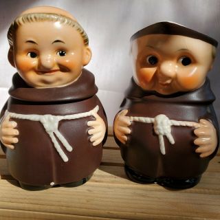 Vintage Goebel Friar Tuck Monks Cream And Sugar W/the Blue V And Bee.  Numbered