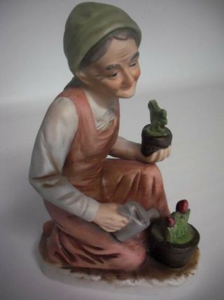 Vintage Old Lady Figurine Porcelain Hand Painted W/ Watering Can & Flower Pots