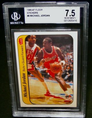 Bgs 7.  5 Nm,  1986 Fleer Sticker Michael Jordan Rookie Basketball Card 8 Bulls Rc