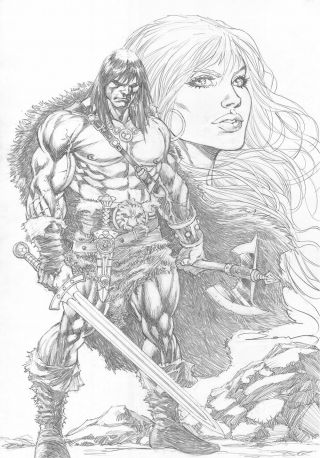 Conan & Red Sonja 11x17” Pencil Sexy Pinup Art Comic Page By Ron Adrian