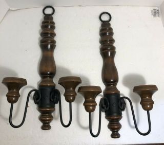 Set Of 2 Vintage Wood And Metal Double Candle Wall Sconce