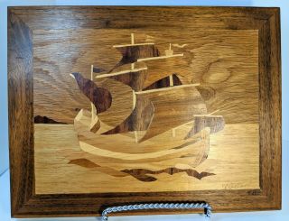 Vintage Wood Marquetry Inlay Ship Sailing Nautical Picture - - Signed