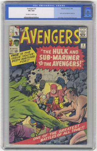 Avengers 3 Cgc 4.  0 Vintage Marvel Key 1st Hulk & Sub - Mariner Team - Up Old Label