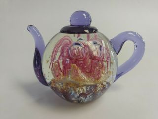 Dynasty Gallery Art Glass Tea Pot Paperweight Purple Pink Gold - Bubbles Euc