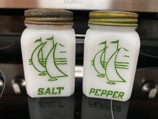 Vintage Tipp City Salt And Pepper Shakers White Green Milk Glass Sailboat