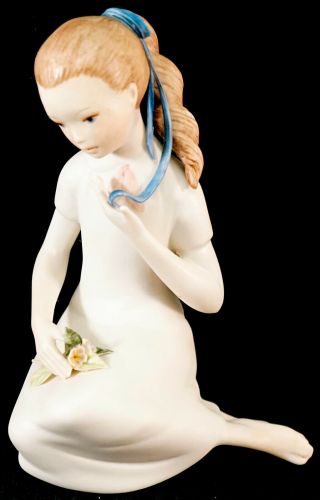 Cybis Porcelain Figurine “springtime” Sitting Girl With Blue Ribbon & Flowers
