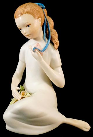 Cybis Porcelain Figurine “Springtime” Sitting Girl with blue ribbon & Flowers 2