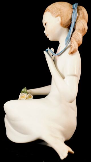 Cybis Porcelain Figurine “Springtime” Sitting Girl with blue ribbon & Flowers 3