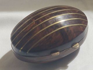 Vtg Hand Carved Wooden Jewelry Trinket Box Hinge Lid Inlaid Brass Egg Shape