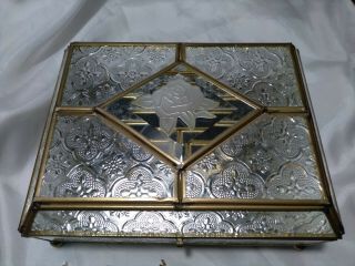 Vintage Embossed Glass & Brass Jewelry/trinket Box,  Hinged & Mirrored Inside