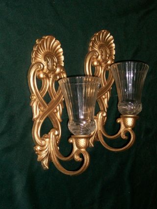 Pair Vintage Homco Gold Tone Wall Sconce Candle Holder With Votive Cups