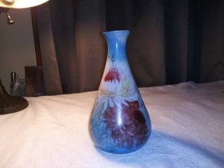 Vintage Milk Glass Blue Vase Floral Flowers Hand Painted 7.  25 "