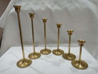 Vintage Set Of 6 Solid Brass Thin Graduated Candlestick Candle Holders