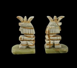 Vintage Hand Carved Marble Onyx Stone Aztec Mayan Bookends 7 "