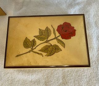 Vintage Reuge Swiss Made Music Box Red Rose On Lid With Paper Work
