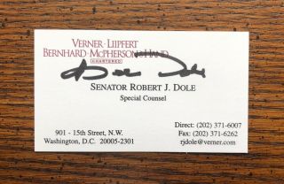 Bob Dole Us Senator President Signed Business Card Authentic Autograph