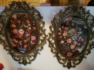Floral Flowers Print Oval Metal Scroll Picture Frame Made Italy Vintage (2)