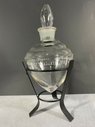 Apothecary Glass Pharmacy Show Globe Display Bottle & Stand 1958 Owens Illinois