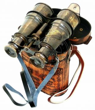 Nautical Antique Brass Binocular Maritime Spyglass Scope With Leather Box Gift
