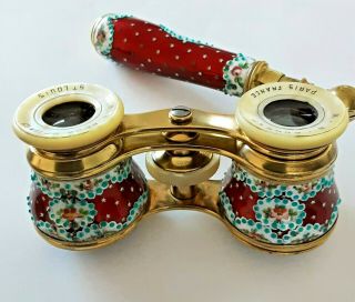 Antique Enamel Guilloche Opera Glasses With Handle Hand Paint Flowers Garlands