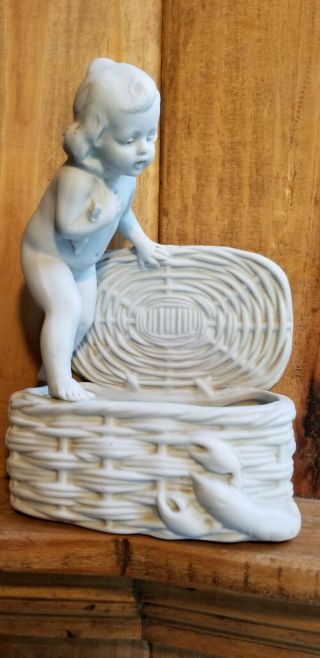 Antique German Bisque Porcelain Young Boy W/ Dog & Basket Figurine / Vase