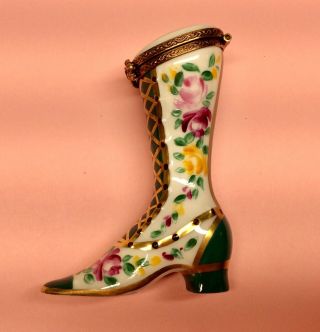 Vtg Peint Main Limoges Imports France Green & Gold Floral Shoe Boot Trinket Box