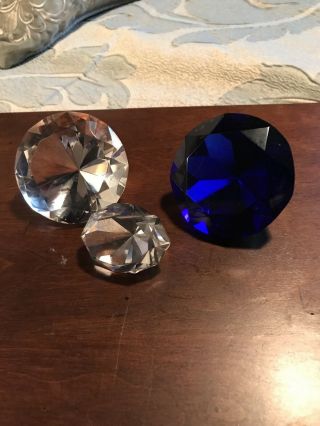 Set Of 3 Glass Diamond Shaped Crystal Paperweights 2 Clear 1 Cobalt Blue Signed