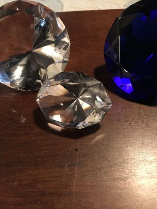 Set Of 3 Glass Diamond Shaped Crystal Paperweights 2 Clear 1 Cobalt Blue Signed 2