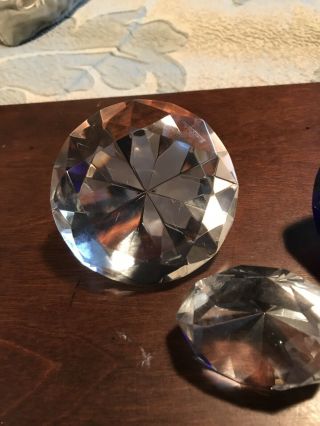 Set Of 3 Glass Diamond Shaped Crystal Paperweights 2 Clear 1 Cobalt Blue Signed 3