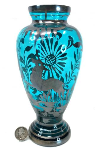 Vintage Silver Overlay 8.  5 " Blue Glass Vase Epp & Co Italian Stag Deer Floral
