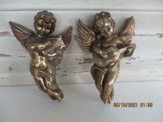 Pair Vintage Gold Toned Musical Resin Cherubs/angels Figurines 9 " Tall