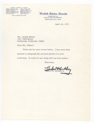 Hubert Humphrey - 38nd U.  S.  Vice President - Autographed Letter (tls),  1973