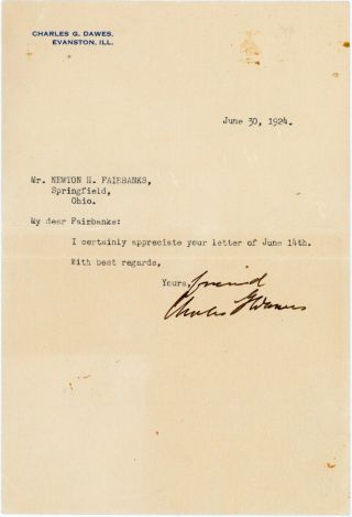 Charles Dawes - Calvin Coolidge’s Vice President/1924 Typed Letter Signed