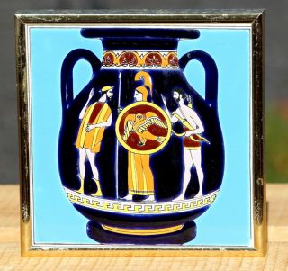 Vintage Greek Smaltotechniki Framed Art Tile Urn With Soldiers