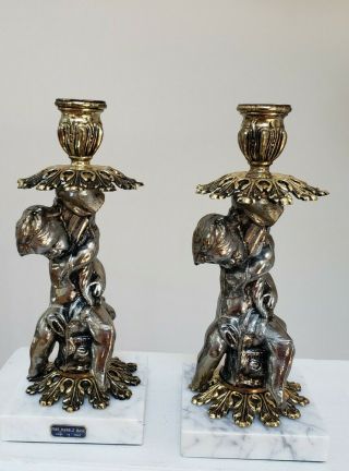 Vintage Made In Italy Marble And Metal Cherub Candlesticks Set Of 2
