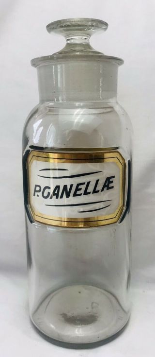 Antique Apothecary Jar W/ Stopper Orig.  Label Under Glass Chemistry Bottle 1882