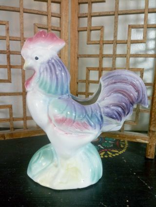 Vintage Porcelain Ceramic Rooster Chicken Planter Mid Century Vibrant Colorful
