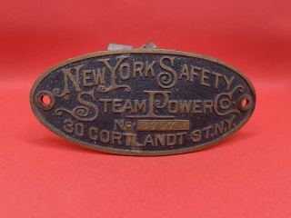 York Safety Steam Power Co.  Brass Builders Plate Tag Vertical Bottle Engine