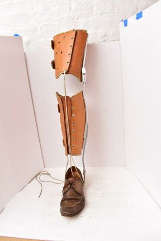 Antique Vintage Polio Leg Brace Leather & Metal Medical Steampunk W Shoe Mens