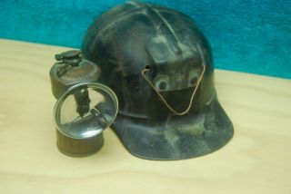 Vintage Coal Miners Hard Hat & Justrite Carbide Torch Lamp Light Msa Comfo Cap
