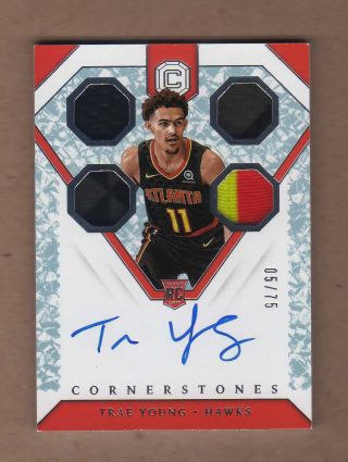 2018 - 19 Panini Cornerstones.  Trae Young Auto Patch Jersey Rc 5/75.  Hawks