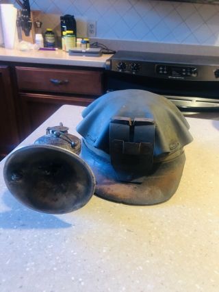 Vintage Leather Turtle Shell Miners Hat Helmet With Brass Autolite Carbide Lamp