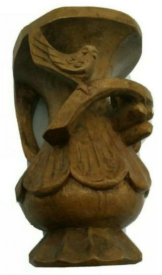 Antique Hand Carved Wood Sculpted Bird & Leaves Candle Holder Vase Folk Art 6 " T