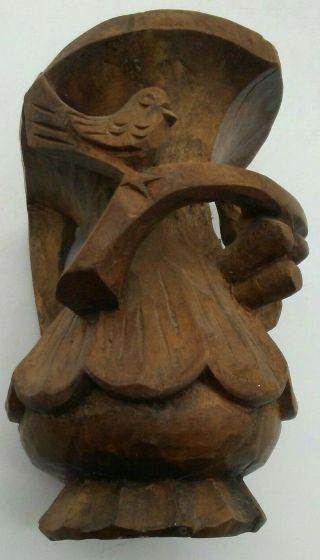 Antique Hand Carved Wood Sculpted Bird & Leaves Candle Holder Vase Folk Art 6.  5 "