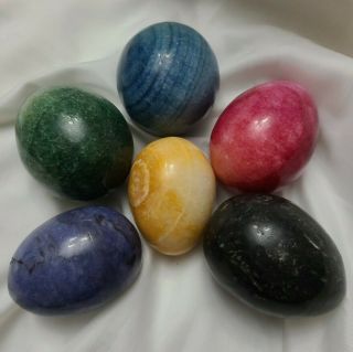6 Multi - Colored Semi Precious Stone Polished Alabaster Eggs Handcut Rocks