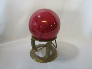 Vintage Large Red Gemstone Sphere Round Ball 4 " On Brass Stand Great City Trader