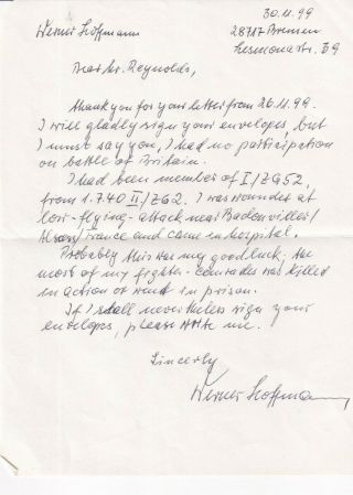 Letter Signed By Werner Hoffman Luftwaffe Pilot 1/zg52,  11/zg2 Ace (51)