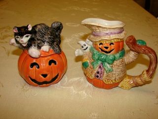 Fitz & Floyd Halloween Jack O Lantern Creamer & Sugar Black Cat Ghost Scarecrow
