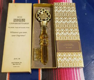 Vtg Avon Unforgettable Perfume Keynote Glass Skeleton Key Shaped.  25oz Bottle